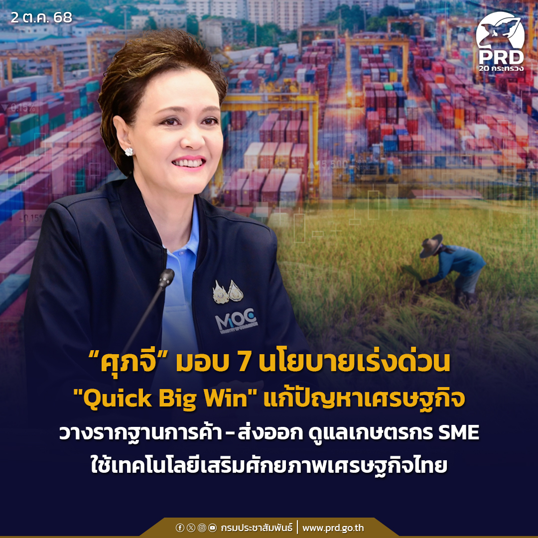 &ldquo;ศุภจี&rdquo; มอบ 7 นโยบายเร่งด่วน &ldquo;Quick Big Win&rdquo; แก้ปัญหาเศรษฐกิจ วางรากฐานการค้า&ndash;ส่งออก ดูแลเกษตรกร SME ใช้เทคโนโลยีเสริมศักยภาพเศรษฐกิจไทย
