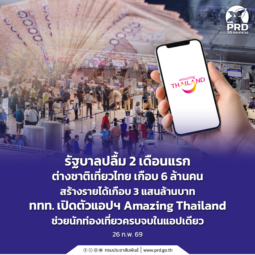 รัฐบาลปลื้ม 2 เดือนแรก ต่างชาติเที่ยวไทย เกือบ 6 ล้านคน สร้างรายได้เกือบ 3 แสนล้านบาท ททท. เปิดตัวแอปฯ Amazing Thailand ช่วยนักท่องเที่ยวครบจบในแอปเดียว