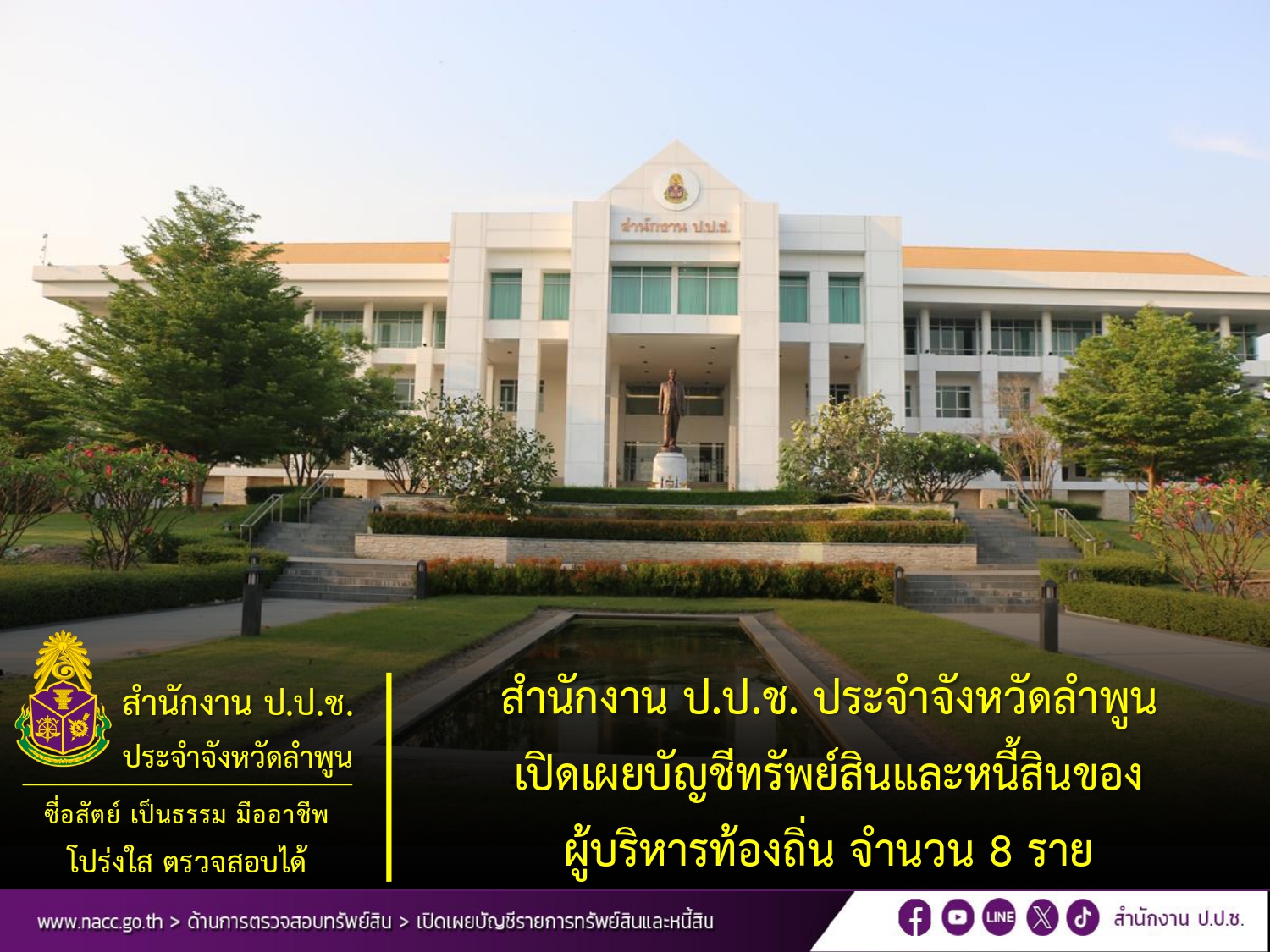 สำนักงาน ป.ป.ช. ประจำจังหวัดลำพูน แถลงข่าวการเปิดเผยบัญชีทรัพย์สินและหนี้สินของผู้บริหารองค์กรปกครองส่วนท้องถิ่น จำนวน 8 ราย