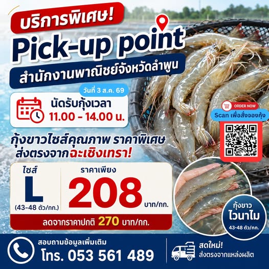 สำนักงานพาณิชย์จังหวัดลำพูนเปิดจุด Pick-up point นัดรับกุ้งขาวคุณภาพดี ไซส์ใหญ่ สดใหม่จากฟาร์ม ในราคาพิเศษ!