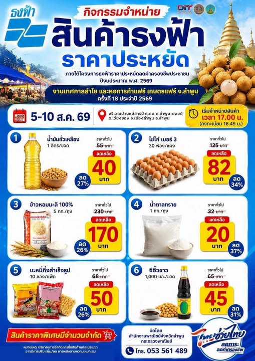 📢 ธงฟ้าลำพูนมาแล้วจ้า 💙🩵 พาณิชย์จังหวัดลำพูน ขนทัพสินค้าอุปโภคบริโภคมาจำหน่ายในราคาพิเศษแบบจัดเต็ม! ไทยช่วยไทย ลดภาระ ลดค่าครองชีพ