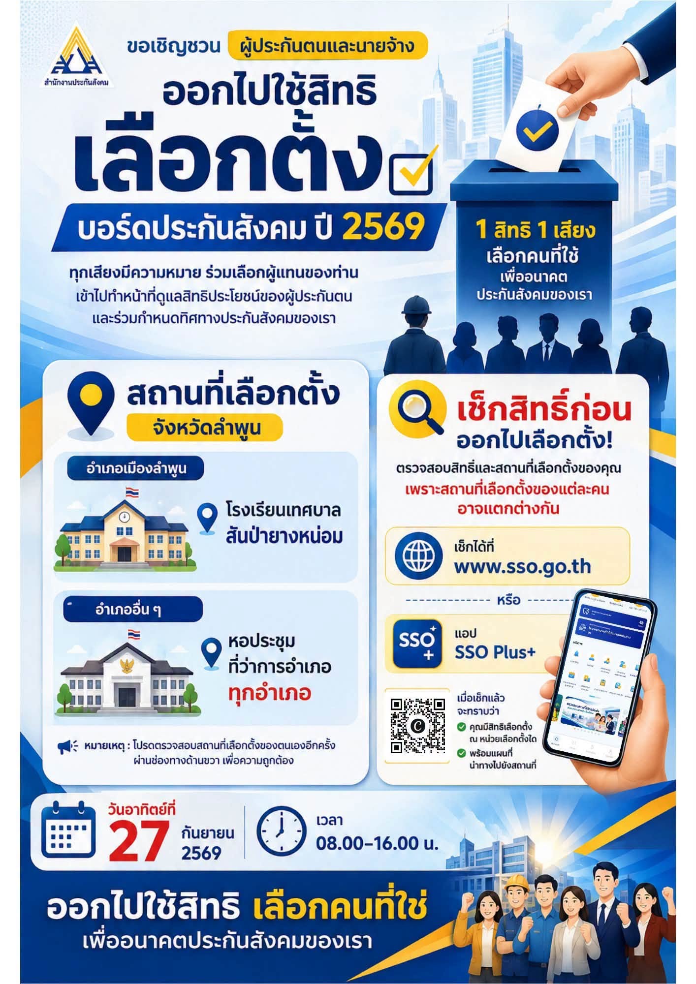 ขอเชิญชวน ผู้ประกันตนและนายจ้าง ออกไปใช้สิทธิเลือกผู้แทนของท่าน เพื่อเข้าไปทำหน้าที่ในคณะกรรมการประกันสังคม